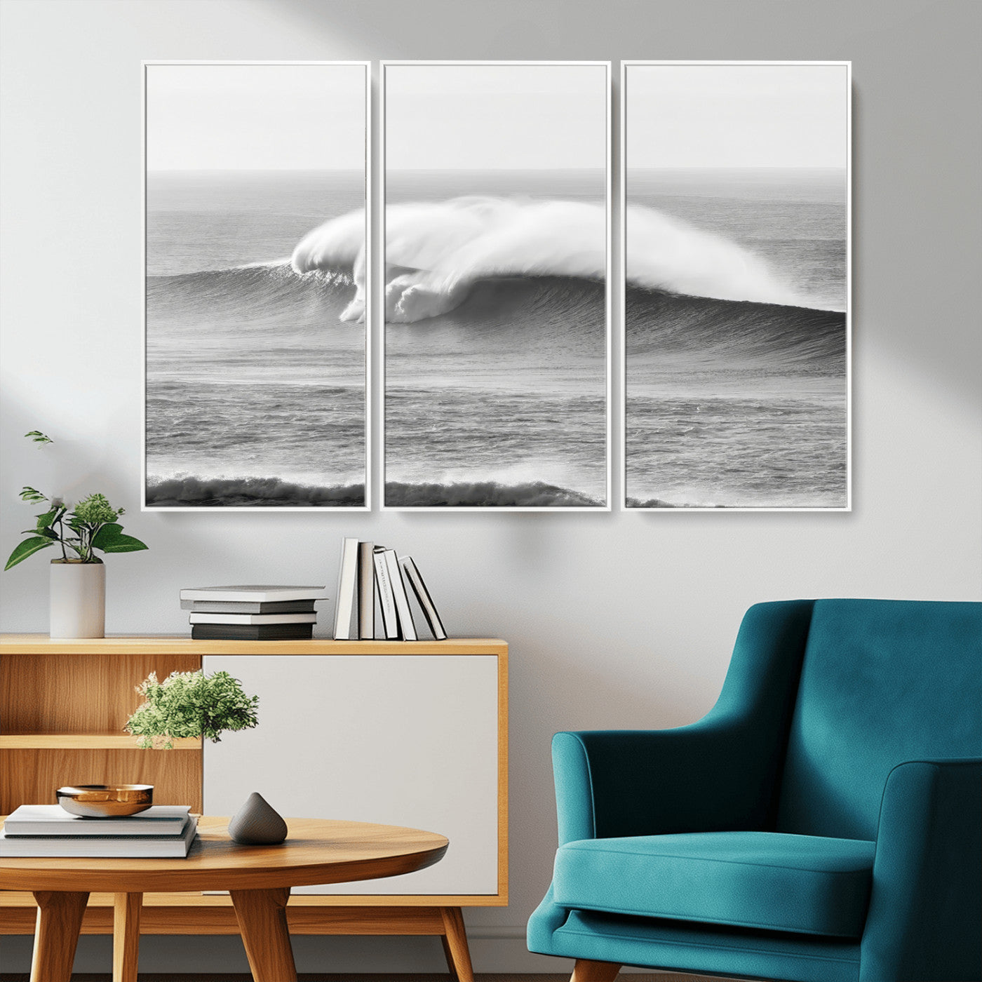 42544082-MGV-CV-36X24-Monochrome Seascape Wall Art Canvas Print, Framed Surf Wave Art Picture Print, Minimalist Ocean Perfect Moody Coastal Decor