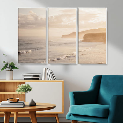 57669769-MGV-CV-36X24-Misty Coastal Wall Art Canvas Print, Framed Golden Sunset Art Picture Print, Serene Shoreline Perfect Tranquil Coastal Decor