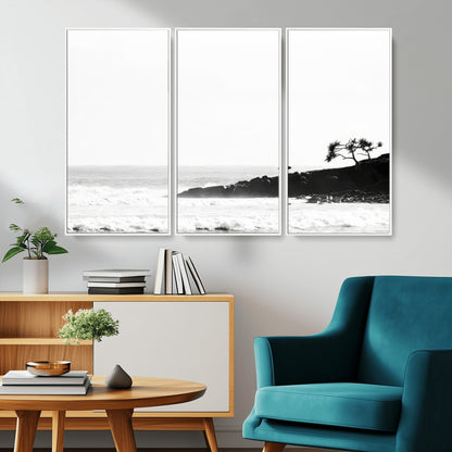 40875891-MGV-CV-36X24-SurferCliffs Wall Art Canvas Print, Framed Black White Beach Art Picture Print, Ocean Waves Perfect Minimalist Coastal Decor