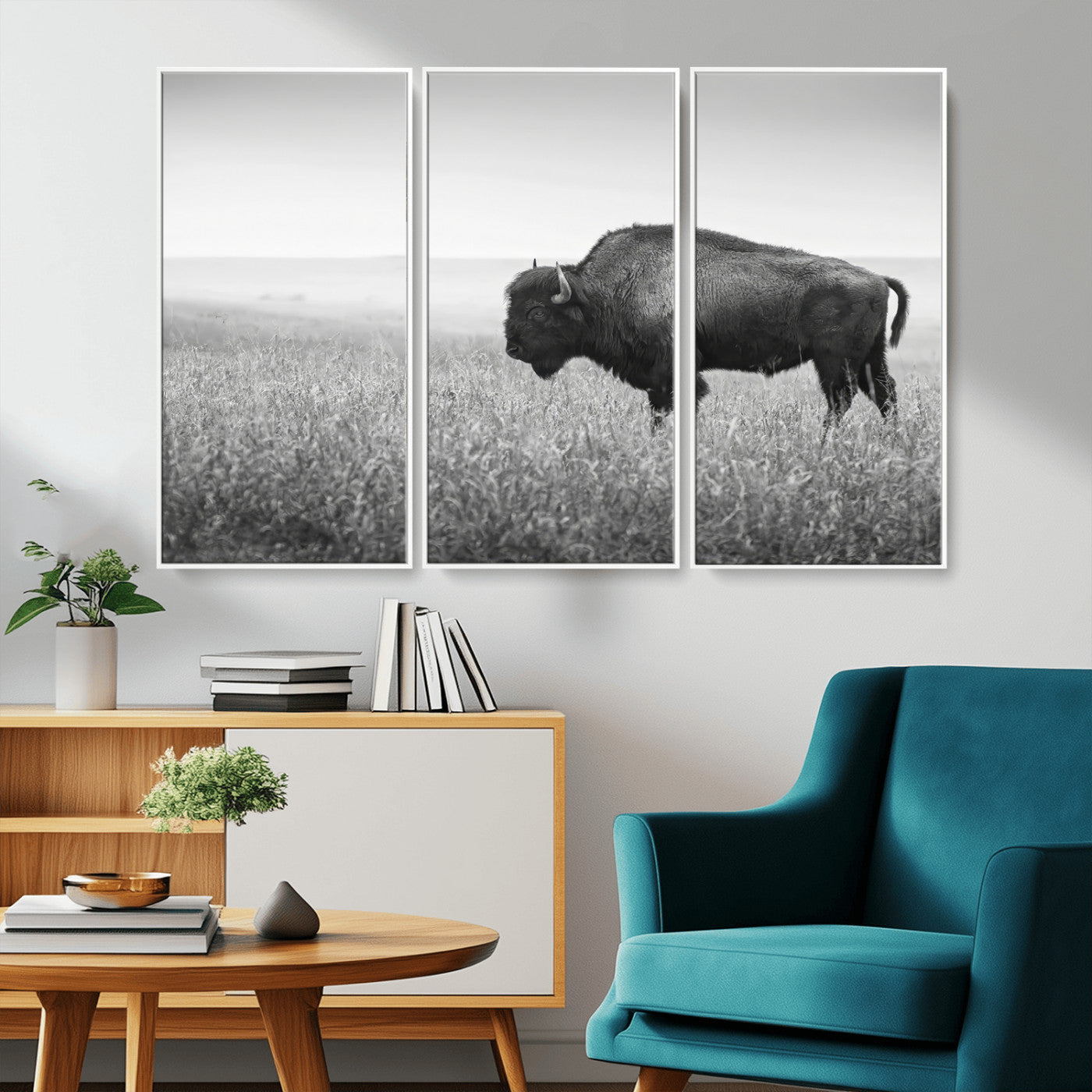 28435251-MGV-CV-36X24-Bison In Prairie Wall Art Canvas Print, Framed Rustic Wildlife Art Picture Print, Wild Buffalo Perfect Rustic Western Decor