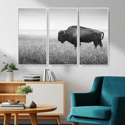 28435251-MGV-FC-48X32-3P_White-Bison In Prairie Wall Art Canvas Print, Framed Rustic Wildlife Art Picture Print, Wild Buffalo Perfect Rustic Western Decor