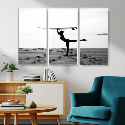 28441356-MGV-CV-36X24-Yoga Surf Wall Art Canvas Print, Framed Black White Shore Art Picture Print, Peaceful Ocean Perfect Minimalist Coastal Decor