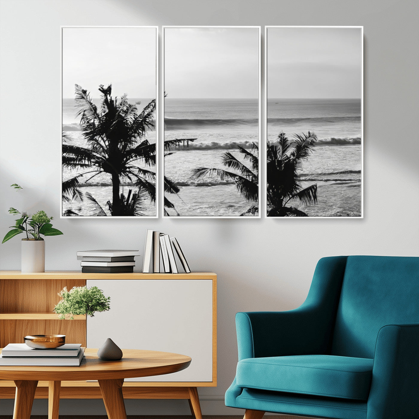 17508038-MGV-CV-36X24-Tropical Coastline Wall Art Canvas Print, Framed Palm Trees Art Picture Print, Ocean Waves Perfect Minimalist Coastal Decor