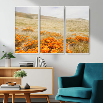 28972262-MGV-CV-36X24-Golden Wildflowers Wall Art Canvas Print, Framed Hills Bloom Art Picture Print, Poppy Meadow Perfect Rustic Nature Decor Artwork