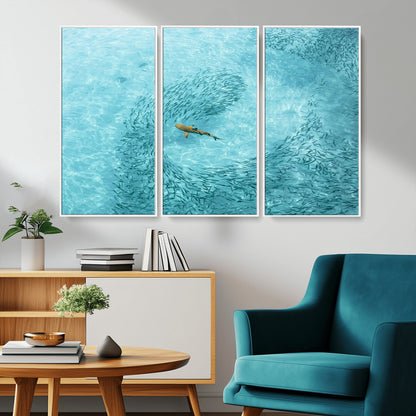 43671474-MGV-CV-36X24-Fish Swarm Wall Art Canvas Print, Framed Marine Life Art Picture Print, Shark Aerial Perfect Wildlife Coastal Decor Artwork