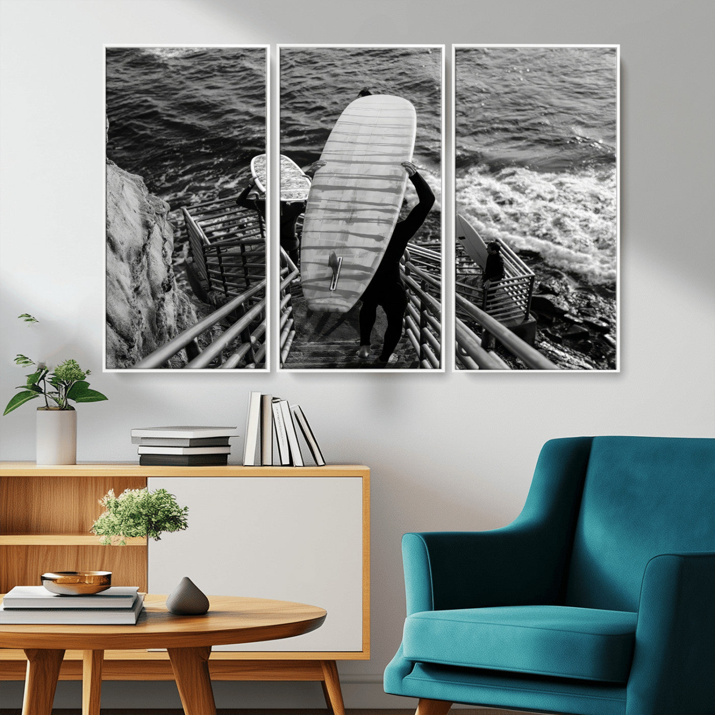 32353707-MGV-CV-36X24-Black White Surfing Wall Art Canvas Print, Framed Coastal Surfing Art Picture Print, Wave Riders Perfect Coastal Adventure Decor