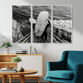 32353707-MGV-CV-36X24-Black White Surfing Wall Art Canvas Print, Framed Coastal Surfing Art Picture Print, Wave Riders Perfect Coastal Adventure Decor