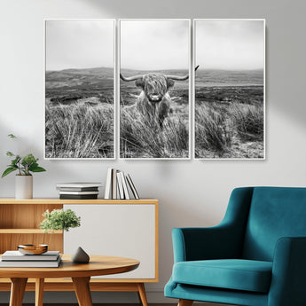 24051061-MGV-CV-36X24-Monochrome Highland Cow Wall Art Canvas Print, Framed Scottish Bull Art Picture Print, Lone Cattle Perfect Rustic Farmhouse Decor