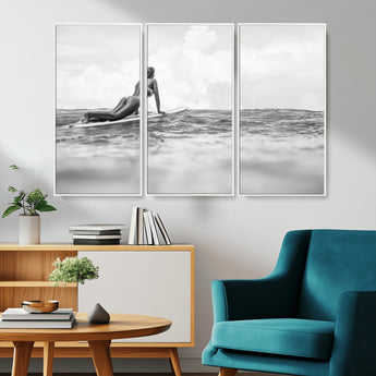 69798068-MGV-CV-36X24-Black White Surfing Wall Art Canvas Print, Framed Ocean Horizon Art Picture Print, Surfer Girl Perfect Coastal Adventure Decor