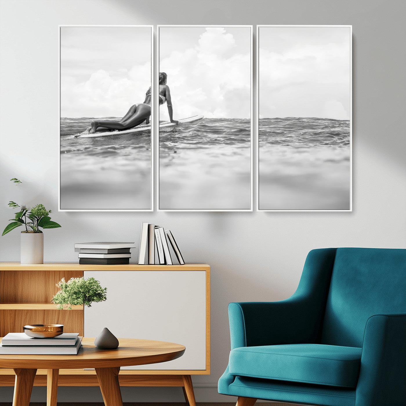 69798068-MGV-CV-36X24-Black White Surfing Wall Art Canvas Print, Framed Ocean Horizon Art Picture Print, Surfer Girl Perfect Coastal Adventure Decor