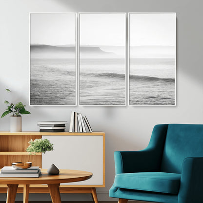 60635783-MGV-CV-36X24-Black White Seascape Wall Art Canvas Print, Framed Ocean Waves Art Picture Print, Misty Coastal Perfect Minimalist Coastal Decor