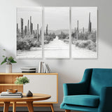 35537313-MGV-CV-36X24-Monochrome Desert Wall Art Canvas Print, Framed Cactus Path Art Picture Print, Southwestern Landscape Perfect Southwestern