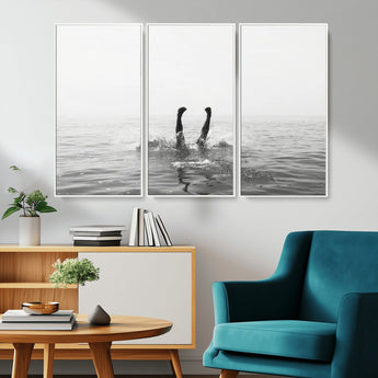 26667396-MGV-CV-36X24-Black White Ocean Wall Art Canvas Print, Framed Monochrome Water Art Picture Print, Diving into Water Perfect Minimalist Aquatic