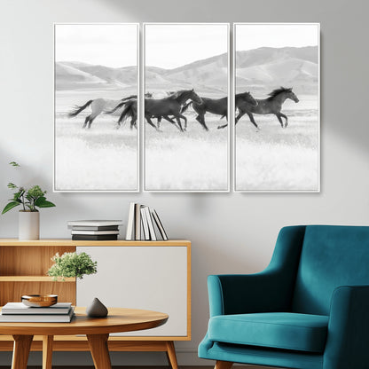 69934913-MGV-CV-36X24-Wild Horses Running Wall Art Canvas Print, Framed Black White Mustangs Art Picture Print, Rustic Western Perfect Rustic Western