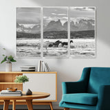 21655040-MGV-CV-36X24-Wild Horses Wall Art Canvas Print, Framed Black White Mountains Art Picture Print, Rustic Countryside Perfect Rustic Western Decor