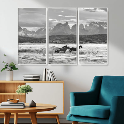 21655040-MGV-CV-36X24-Wild Horses Wall Art Canvas Print, Framed Black White Mountains Art Picture Print, Rustic Countryside Perfect Rustic Western Decor