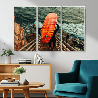 84555848-MGV-CV-36X24-Surfer Stairway Wall Art Canvas Print, Framed Ocean Surf Art Picture Print, Sunset Coastal Perfect Coastal Adventure Decor Artwork
