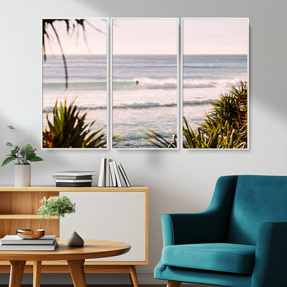 23287092-MGV-FC-48X32-3P_White-Ocean Surfer Wall Art Canvas Print, Framed Coastal Surf Art Picture Print, Tropical Beach Perfect Tropical Coastal Decor Artwork