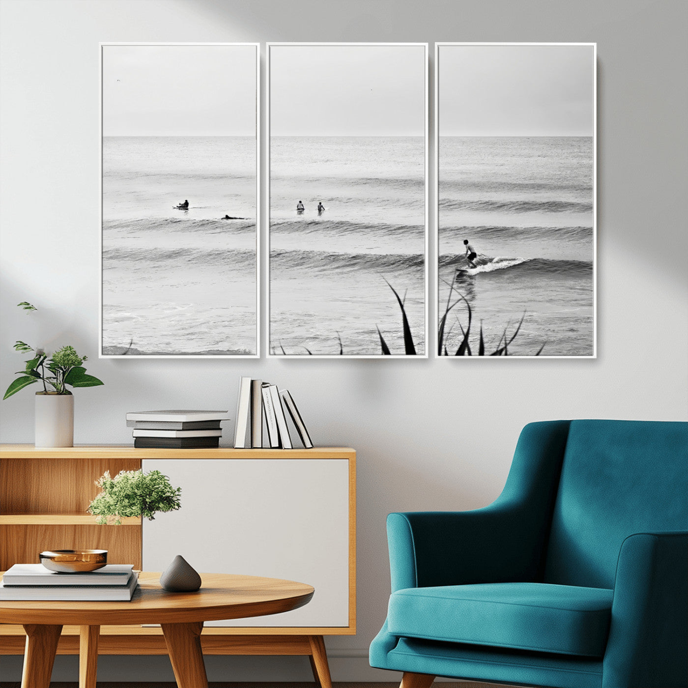 33821421-MGV-CV-36X24-Surfer Silhouette Wall Art Canvas Print, Framed Calm Ocean Art Picture Print, Monochrome Surf Perfect Minimalist Coastal Decor
