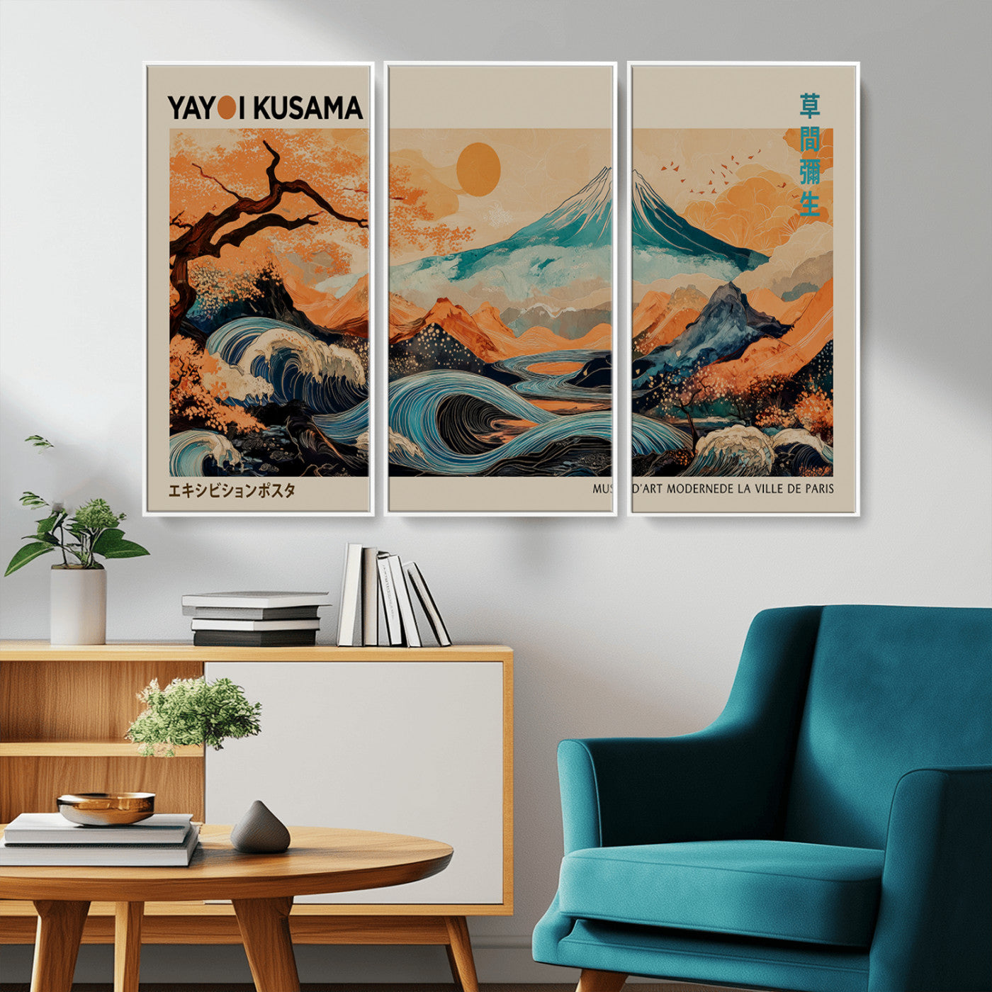 22373530-MGV-CV-36X24-Japanese Mt Fuji Wave Art Print – Ukiyo e Inspired Sun & Cherry Blossom Poster, Traditional Asian Landscape Painting, Modern