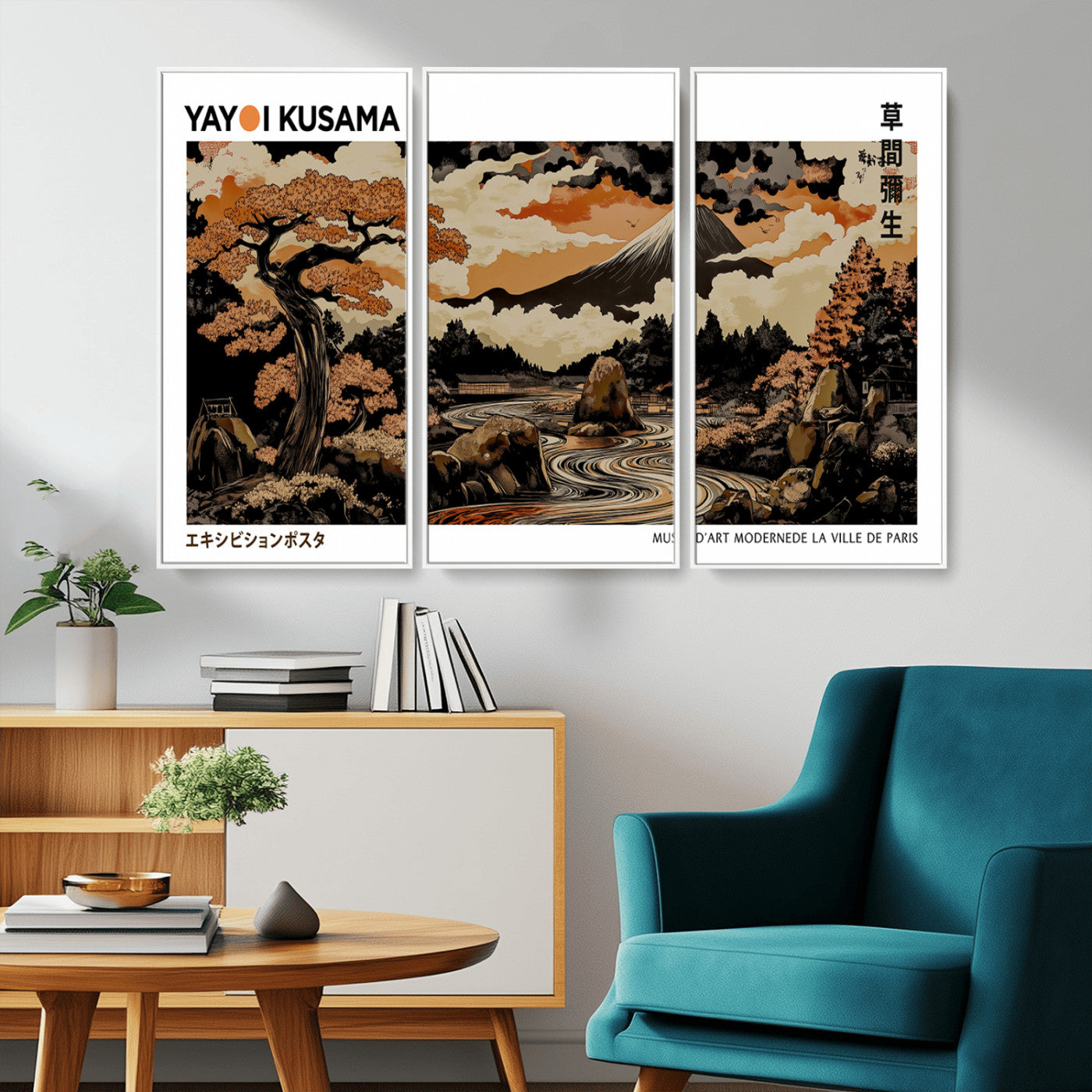 96372548-MGV-CV-36X24-Japanese Landscape Wall Art Print – Mt. Fuji Poster with Bonsai Tree & River, Ukiyo-e Inspired Modern Japanese Artwork, Autumn