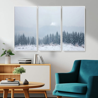 33033082-MGV-CV-36X24-Winter Forest Art Wall Art Canvas Print, Framed Snowy Landscape Art Picture Print, Misty Tree Scene Perfect Nordic Minimalist