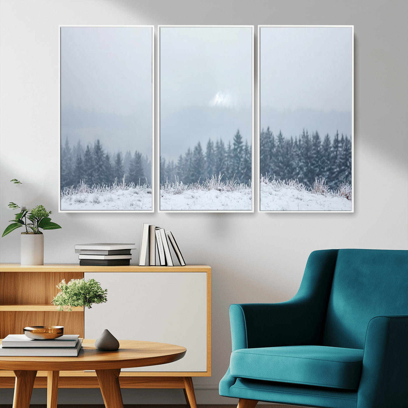 33033082-MGV-CV-36X24-Winter Forest Art Wall Art Canvas Print, Framed Snowy Landscape Art Picture Print, Misty Tree Scene Perfect Nordic Minimalist