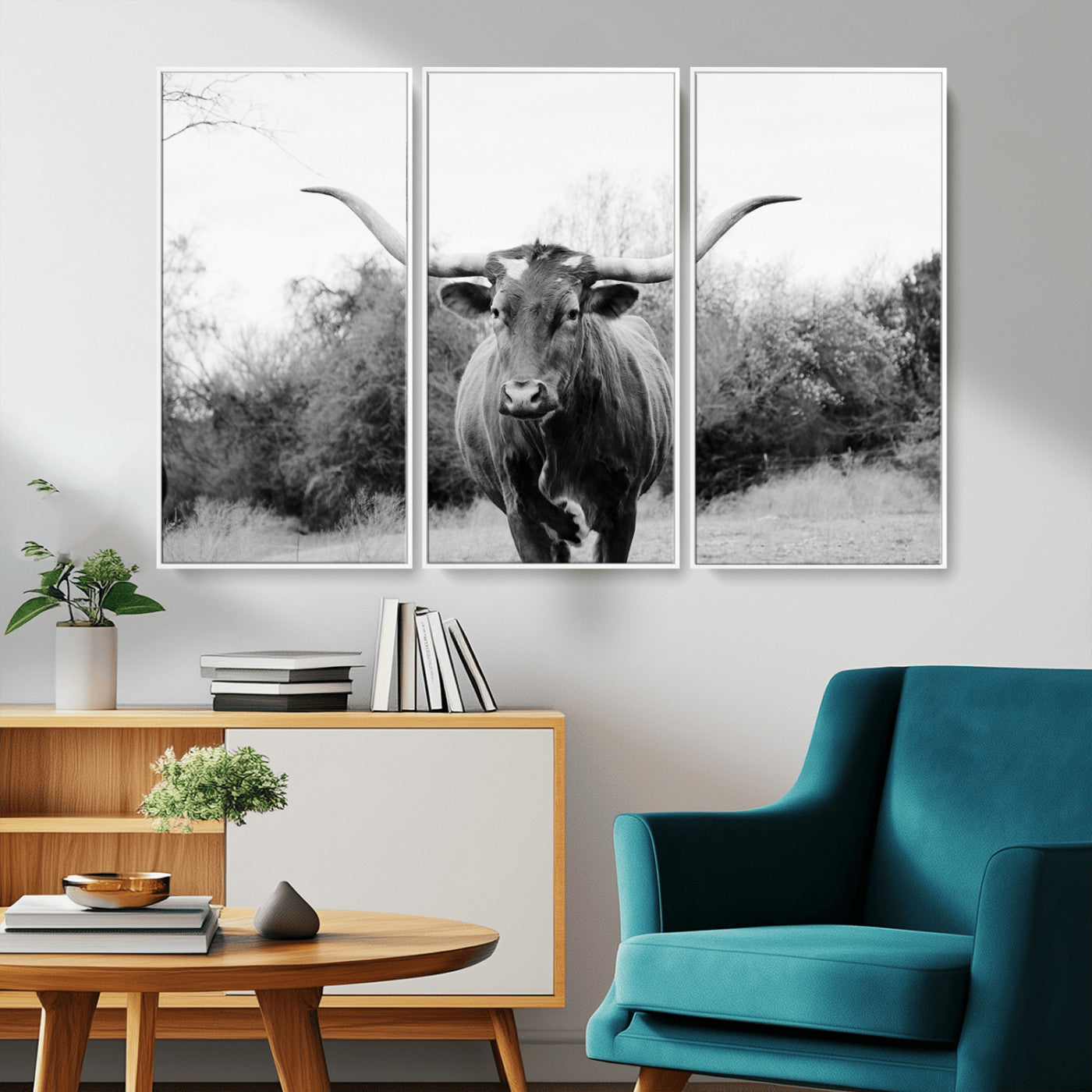 97280319-MGV-CV-36X24-Longhorn Photography Wall Art Canvas Print, Framed Western Cow Decor Art Picture Print, Texas Ranch Style Perfect Rustic Farmhouse