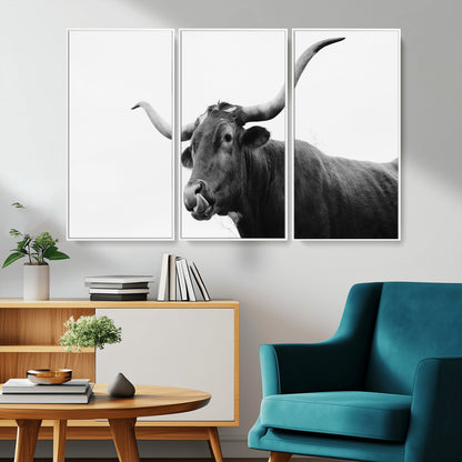 99244177-MGV-CV-36X24-Longhorn Photography Wall Art Canvas Print, Framed Western Cow Decor Art Picture Print, Black White Bull Perfect Modern Rustic
