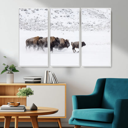 56216945-MGV-CV-36X24-Bison Herd Decor Wall Art Canvas Print, Framed Snowy Bison Scene Art Picture Print, Winter Wildlife Theme Perfect Rustic Western