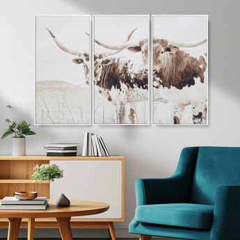 48161868-MGV-CV-36X24-Longhorn Cow Decor Wall Art Canvas Print, Framed Rustic Cattle Art Picture Print, Sepia Western Vibe Perfect Neutral Rustic