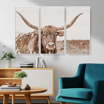 77810049-MGV-CV-36X24-Longhorn Bull Photo Wall Art Canvas Print, Framed Rustic Cow Decor Art Picture Print, Neutral Farmhouse Style Perfect Rustic