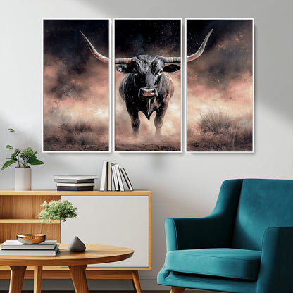 71457818-MGV-CV-36X24-Longhorn Wall Art Wall Art Canvas Print, Framed Western Bull Canvas Art Picture Print, Rustic Cow Decor Perfect Western Dramatic