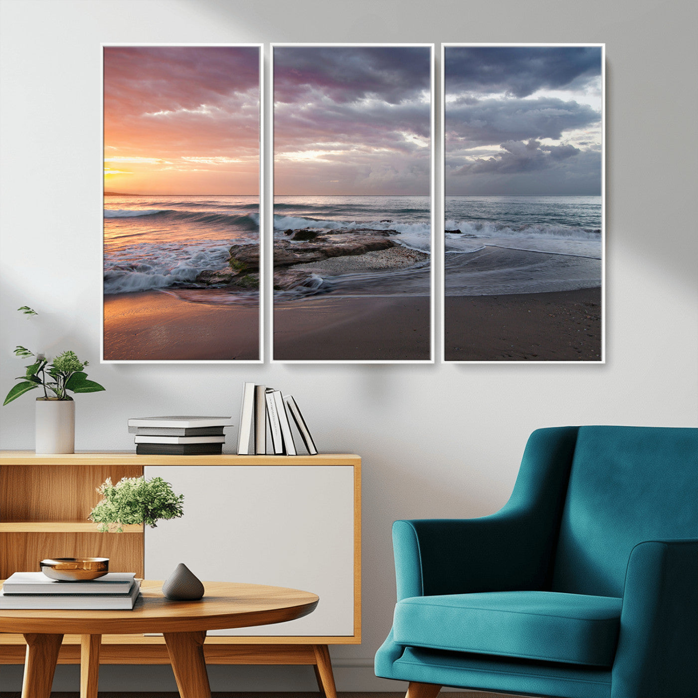 94208089-MGV-CV-36X24-Golden Hour Wall Art Canvas Print, Framed Tranquil Waves Art Picture Print, Beach Horizon Perfect Coastal Serenity Decor Artwork