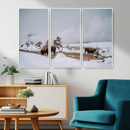 60308289-MGV-CV-36X24-Bison Wildlife Wall Art Canvas Print, Framed Snowy Prairie Art Picture Print, Western Landscape Perfect Rustic Winter Decor
