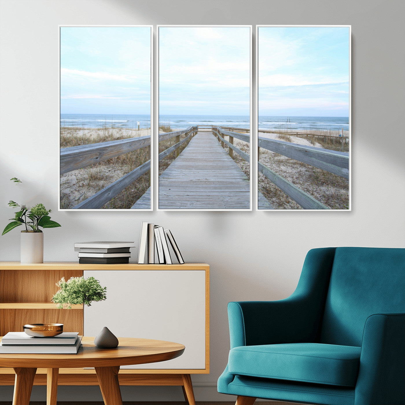 31602988-MGV-CV-36X24-Beach Boardwalk Wall Art Canvas Print, Framed Coastal Serenity Art Picture Print, Ocean View Perfect Coastal Minimalist Decor