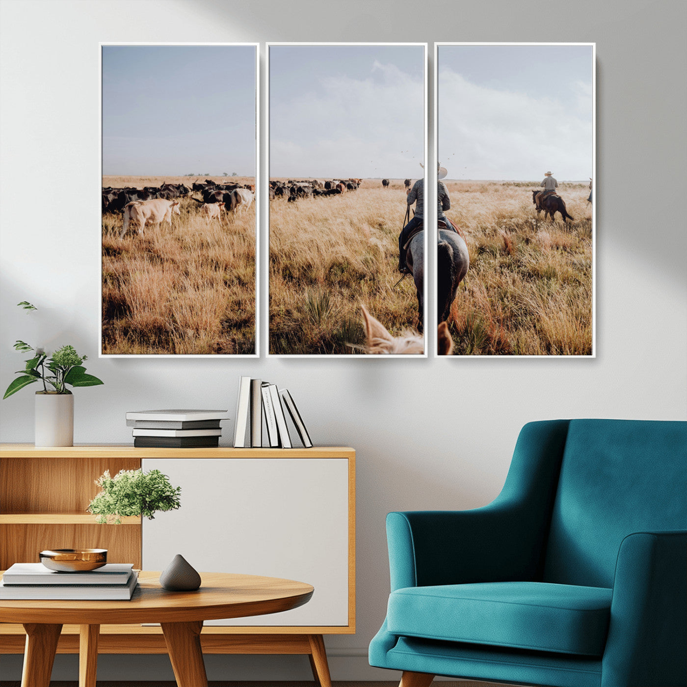 22431577-MGV-CV-36X24-Western Wall Art Wall Art Canvas Print, Framed Cowboy Canvas Art Picture Print, Cattle Drive Scene Perfect Rustic Western Decor