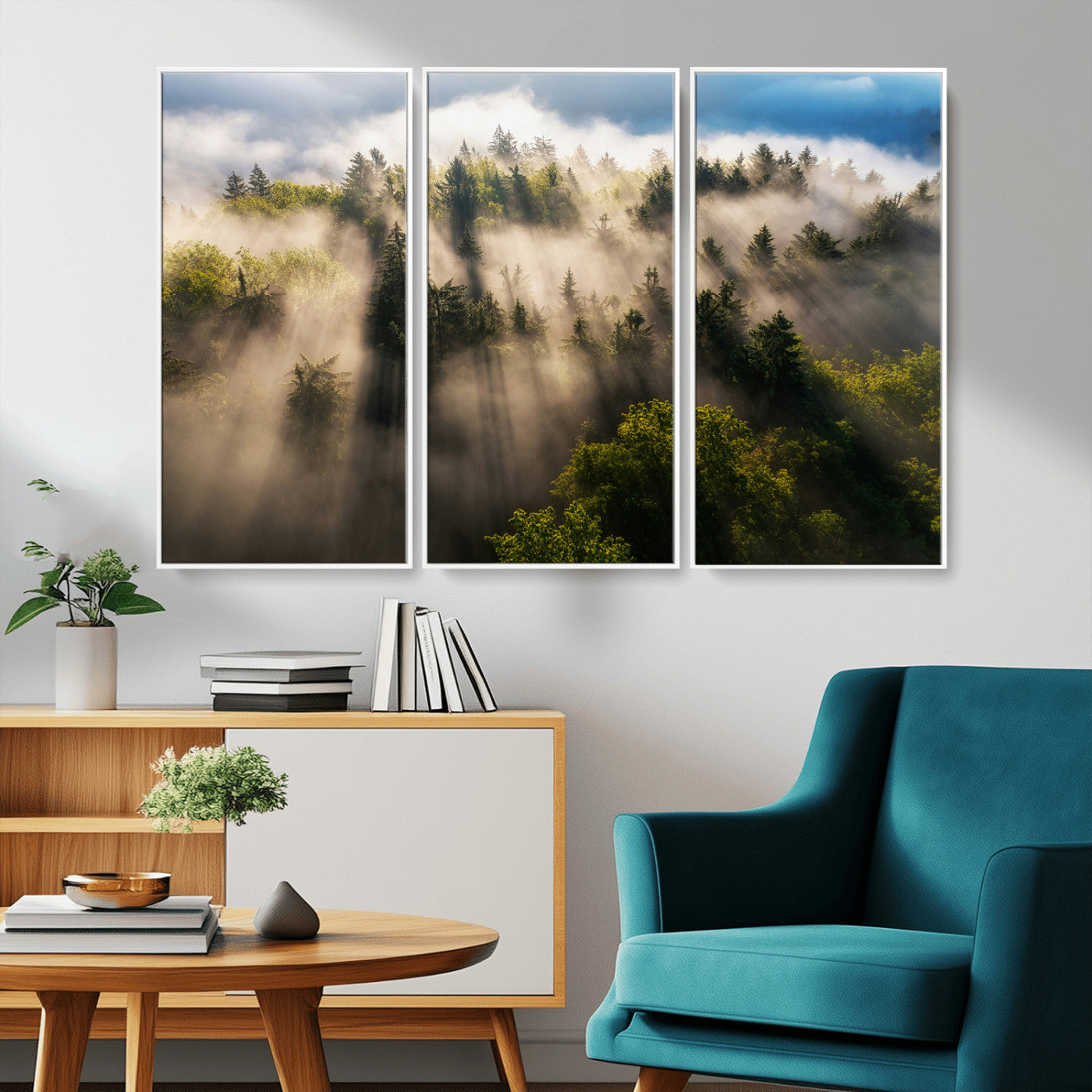 14785710-MGV-CV-36X24-Tranquil Forest Scene Wall Art Canvas Print, Framed Sunbeam Through Trees Art Picture Print, Moody Green Wall Art Perfect