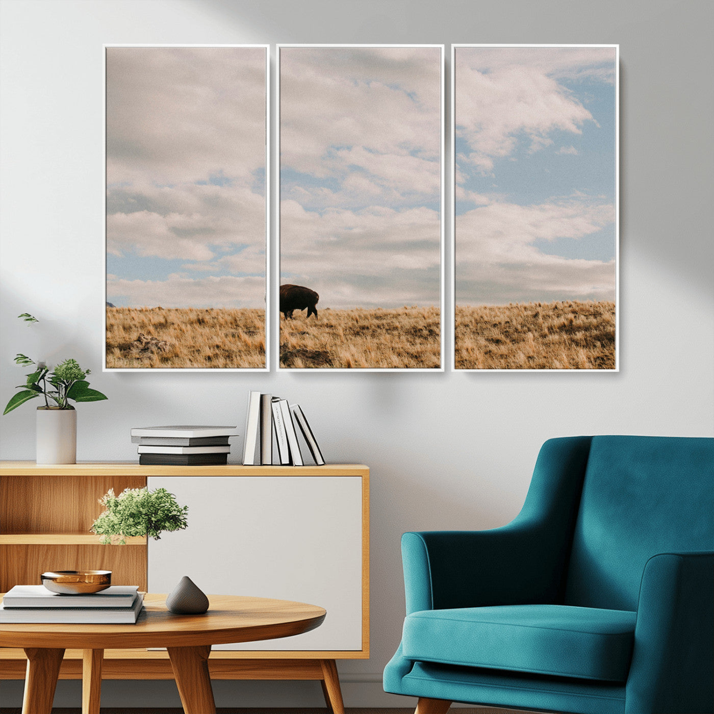 22754563-MGV-CV-36X24-Earthy Tones Wall Art Canvas Print, Framed Rustic Nature Art Picture Print, Solitary Buffalo Perfect Western Minimalist Decor