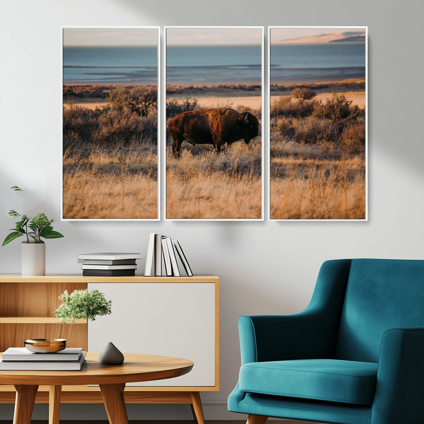 39509187-MGV-CV-36X24-Western Wildlife Wall Art Canvas Print, Framed Bison Art Picture Print, Golden Hour Perfect Western Rustic Decor Artwork