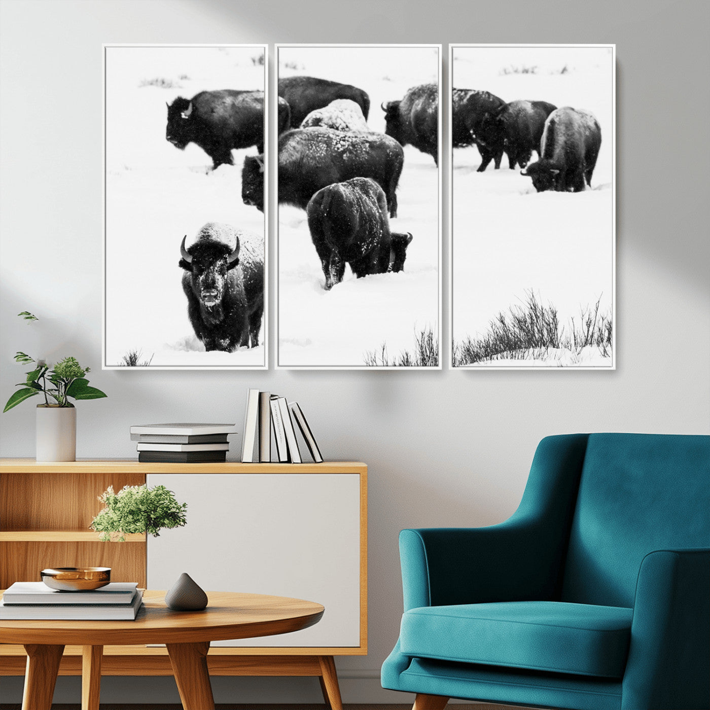 18914414-MGV-FC-48X32-3P_White-Buffalo Herd Wall Art Canvas Print, Framed Black and White Art Picture Print, Snowy Landscape Perfect Rustic Lodge Decor Decor
