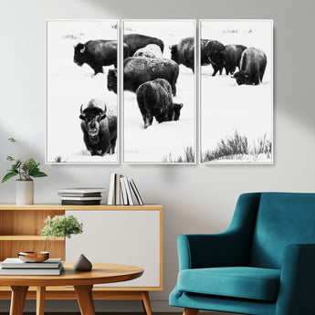 18914414-MGV-FC-48X32-3P_White-Buffalo Herd Wall Art Canvas Print, Framed Black and White Art Picture Print, Snowy Landscape Perfect Rustic Lodge Decor Decor