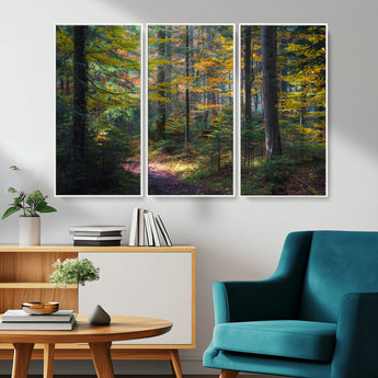 65810864-MGV-CV-36X24-Autumn Forest Wall Art Canvas Print, Framed Fall Woodland Art Picture Print, Golden Leaves Perfect Rustic Farmhouse Decor Artwork