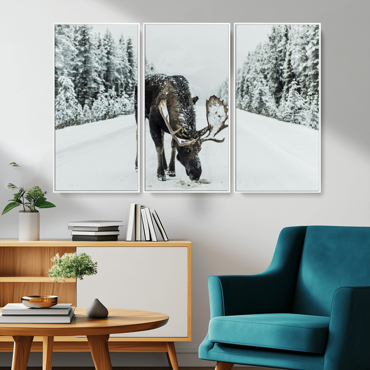 13316292-MGV-CV-36X24-Moose in Snow Wall Art Canvas Print, Framed Winter Wildlife Art Picture Print, Snowy Forest Scene Perfect Rustic Lodge Decor