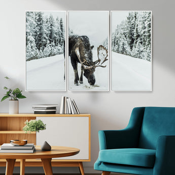 13316292-MGV-CV-36X24-Moose in Snow Wall Art Canvas Print, Framed Winter Wildlife Art Picture Print, Snowy Forest Scene Perfect Rustic Lodge Decor