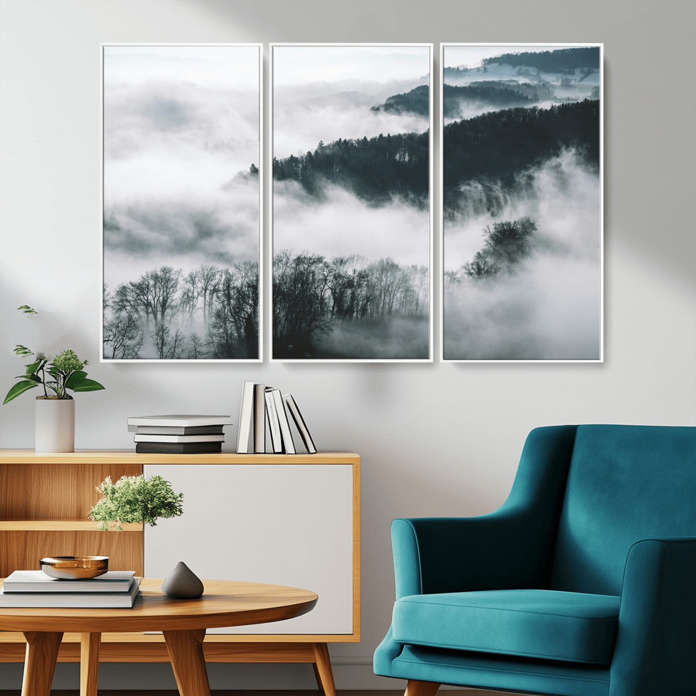 67569654-MGV-CV-36X24-Foggy Forest Wall Art – Mist Covered Hills and Trees Landscape Canvas Print, Moody Nature Photography Decor for Living Room,