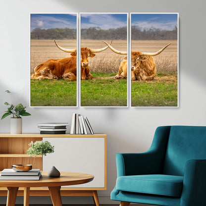 54598515-MGV-CV-36X24-Texas Longhorns Wall Art – Rustic Cattle Ranch Canvas Print, Western Farmhouse Animal Photography Decor for Living Room, Office,