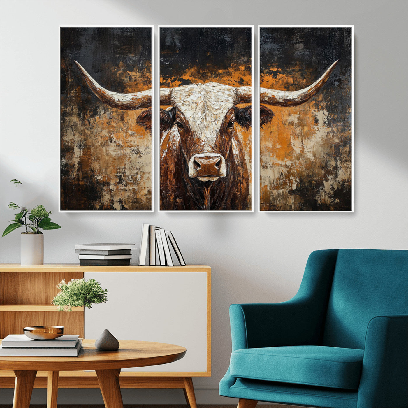 25265572-MGV-CV-36X24-Longhorn Bull Wall Art – Rustic Western Texas Steer Canvas Print, Textured Animal Painting for Home, Office, Man Cave or Farmhouse