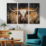 25265572-MGV-CV-36X24-Longhorn Bull Wall Art – Rustic Western Texas Steer Canvas Print, Textured Animal Painting for Home, Office, Man Cave or Farmhouse