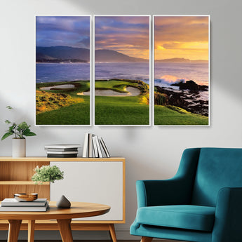 39644075-MGV-CV-36X24-Golf Course Wall Art – Coastal Sunset Canvas Print, Scenic Oceanfront Fairway Landscape Decor for Office, Man Cave, or Living Room